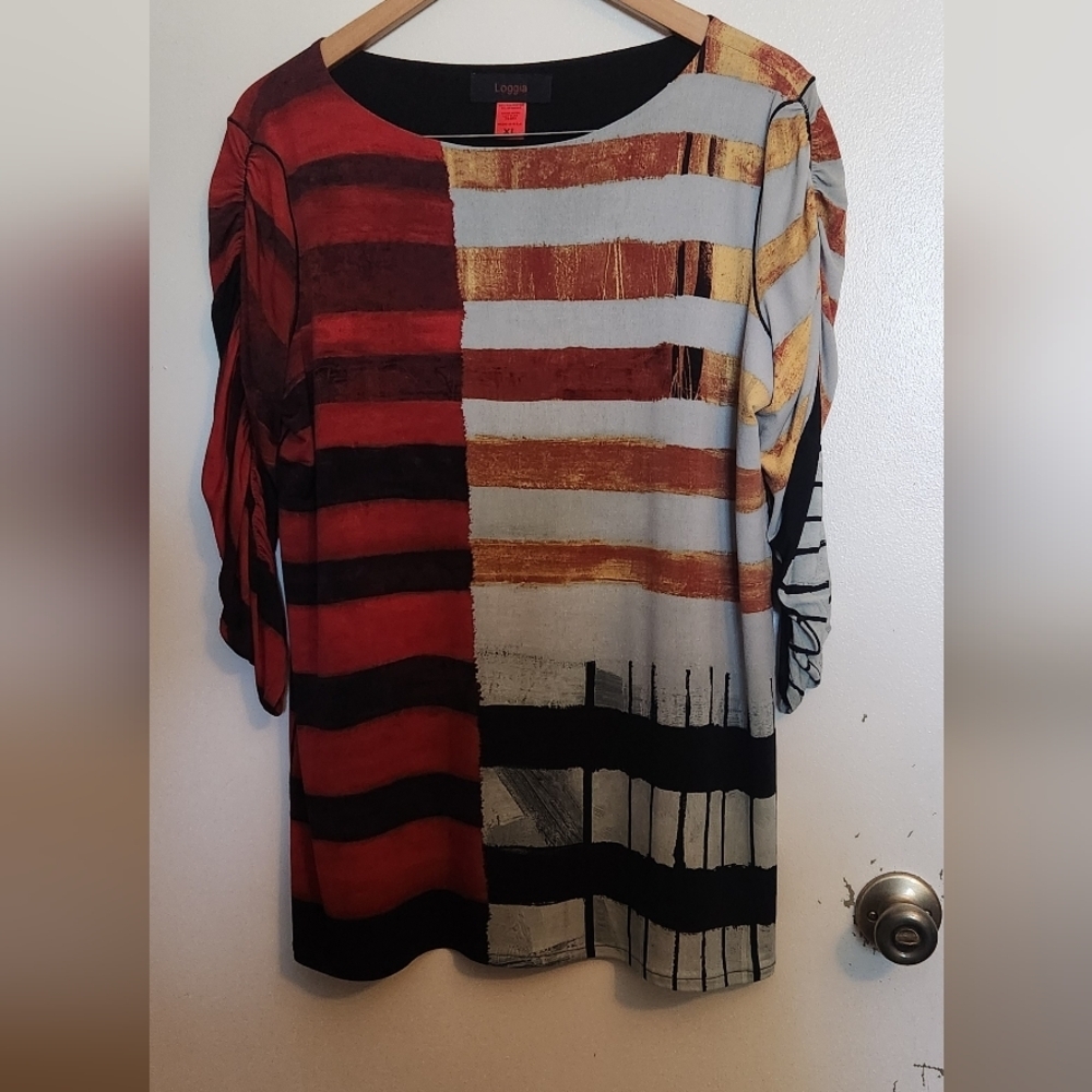 Women's Striped Patchwork Blouse - Red, Black, and Cream